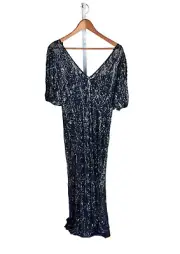 New Aidan Mattox Navy hand beaded long dress evening Mermaid gown size 14