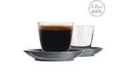 Duralex 12 Piece Gigogne Glass Coffee Cup and Ceramic Saucer Set - Modern Style Tumbler Mug for Latte Cappuccino - Grey - 220ml