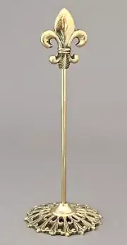 Card Sign Holder Brass Fleur-de-lis Top on Round Filigree Base 3.5"D 9"H Set/6