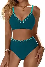 Blooming Jelly Women High Waisted Bikini Sets Color Block Two Piece Swimsuits Push Up V Neck High Cut Bathing Suit