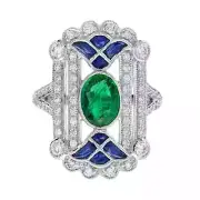 Art Deco Style Lab-Created Diamond Emerald Sapphire Ring 14K White Gold FN