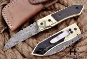 HUNTEX Custom Handmade Damascus 110mmLong Sheepfoot Hunting Folding Pocket Knife
