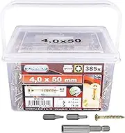 Connex B30174 Universal Screws 4.0 x 50 mm - 385 Pieces in Set - Countersunk Head - TX Torx Drive - Partially Threaded - Yellow Galvanised - Includes Magnetic Holder & 2 Bits/Screw Set/Screw Bucket