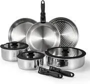 ROYDX Uncoated 18/10 Stainless Steel Cookware Set, Large Frying Pan Set with Steamer and Saute Pan, Stay-Cool Detachable Handles and Glass Lid, LFGB Approved Pots and Pans Set, Serve 4-6 People