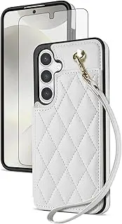 [Asuwish] Phone Case for Samsung Galaxy A14/M14 5G Wallet Cover with Tempered Glass Screen Protector and Wrist Strap Credit Card Holder Stand Slot Cell Accessories A 14 4G 14A 14M G5 Women Men White