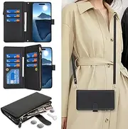 Cavor for iPhone 16 Case 6.1 inch PU Leather Folio Flip Wallet Back Cover Magnetic Case with Long Shoulder Lanyard Zipper Coin Purse 9 Card Holder Kickstand Wristlet Strap-Black