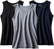 [COSHAL] 3 Men Vest Tank Top for Men Cotton Sleeveless Vest Plain Slim Fit Summer Top Vest Everyday Athletic wear Easy Fit Workout Shirts Black/Grey/Navy