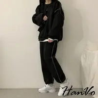 在飛比找momo購物網優惠-【HanVo】現貨 車線外露個性穿搭純棉套裝(透氣吸濕排汗休