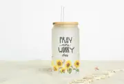 Pray More Worry Less Frosted Glass Can Bamboo Lid 16 Oz Glass Tumbler by Mugzan