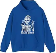 [Generic] Never Better Skeleton Girl Messy Bun and Coffee Funny Halloween Coffee Hoodie for Adults Hooded Neck Long Sleeve Pullover