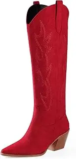 [iiimmu] Cowgirl Boots Women Knee High Boots Pointed Toe and Block Heel Cowboy Suede and Faux Leather Boots with Embroidered