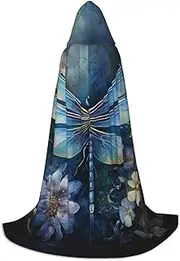SKKNT Art Blue Dragonfly Print Halloween Hooded Cloak Full Length Cape With Hood For Men And Women For Carnival