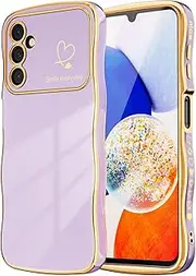 [MINSCOSE] for Samsung Galaxy A14 5G Phone Case,Luxury Cute Curly Wave Frame with Love Heart Plating Pattern,Raised Full Camera Lens Protection Cover for Women Girls for Galaxy A14-Light Purple