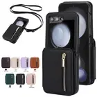 For Samsung Galaxy Z Flip 6 5 4 3 Leather Flip Wallet Case Crossbody Strap Cover