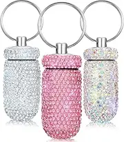 3 Pieces Pill Container Portable Pill Bottle Case Waterproof Travel Pill Holder Moisture Proof with Keychain Bling to Hold Vitamins and Supplements for Outdoor Camping (White, Pink, AB Color)