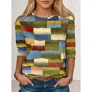 Women's T Shirt Color Block Geometry Fashion Modern Long Sleeve Crew Neck Regular Tops Vacation Daily Print Pink Blue Dark Green Green Spring Fall