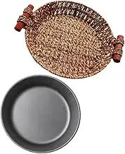 Cabilock 1Set Round Non Stick Grill Pan with Rattan Basket Steak Serving Plate for Cheese Fries and Grilled Fish Iron Material for Even Heating and Practical Use
