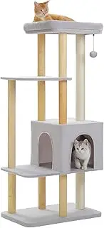 PAWZ Road Modern Cat Tree, 135cm Wooden Cat Tower with Large Top Perch, Spacious Condo, 8 Natural Wood Post and 2 Sisal Covered Scratching Post, Multi-Level Cat Furniture for Indoor Large Cats, Grey