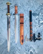 Set Of 3 Custom Handmade D2 Steel Hunting Machete Sword With Viking Axe & Sheath
