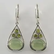 Green Oval PREHNITE and Peridot Earrings 925 STERLING SILVER Leverback #11e