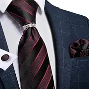 [GEDASHU] men's tie Men'S Tie Red Wine Black Stripe Design Silk Wedding Tie Men'S Tie Handkerchief Cufflinks Ring Set Business Party