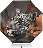 [PDZRMY] Leopard Flower Butterfly UV Protection Travel Umbrella Compact for Rain and Sun - Auto Open and Close UPF 50+ Windproof Portable 46” Sun Umbrella for Women and Men
