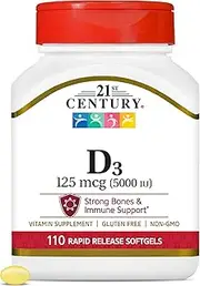 21st Century HealthCare Vitamin D3 125 mcg (5,000 IU) Rapid Release Softgels, 110 Count