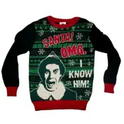 ELF Christmas Sweater Unisex Adult Sz S Black Green Santa I KNOW HIM Pullover