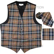 New Vesuvio Napoli Men's plaid Tuxedo Vest Waistcoat_Necktie & Hankie set Brown