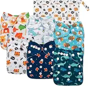 Babygoal Cloth Diaper Covers 6 Pack+Wet Bag for Fitted Diapers and Prefolds with Double Gussets, Adjustable and Reusable for Baby Boys 6DCF08