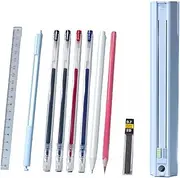 Cute Pencil Box Hexagonal Standing Pen Holder Multi-Function Push-Pull Stationery Box Set Design with Ruler and Detachable Pencil Sharpener and Eraser Hard Pen Case Storage Including 10 Refills BL-2