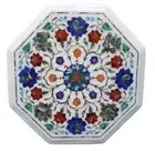 Octagon White Marble Table Carnelian & Lapis Inlay Stone Hallway Furniture Decor