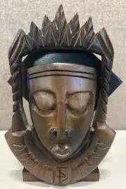 Vintage African Mask Carved Wood Coaster Set/ Holder NEW