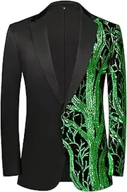 [JEShifangjiusu] Men Shiny Sequin Suit One Button Slim Fit Prom Blazers Tuxedo for Wedding Party, Green, S