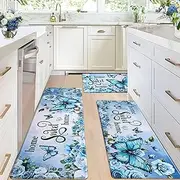 Likiyol Kitchen Rugs Floral Kitchen Mats for Floor Butterfly Farmhouse Anti Fatigue Mats for Kitchen Floor, Non Slip Washable Kitchen Mat for Home, Sink, 18''x30''+18''x48''+18''x60'', Teal