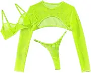 [Lilosy] Sexy Fishnet Underwire Rave Outfits Top Bra Panty 3 Piece Lingerie Set