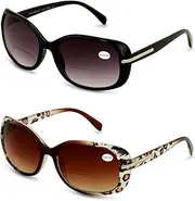 2 Pairs Women's Bifocals Reading Sunglasses Reader Glasses Vintage Outdoor Black and Leopard