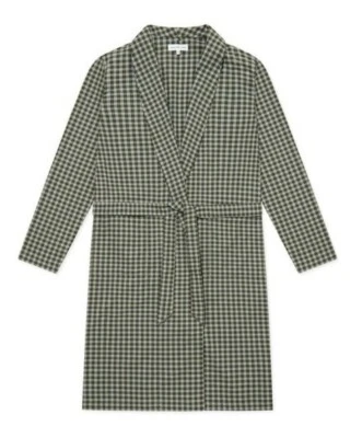 Hamilton And Hare Woven Cotton & Cashmere Check Robe Olive Size Small
