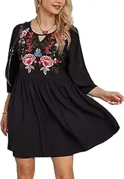 [Higustar] Women's Mexican Embroidered Dress Summer Peasant Style Floral Dresses Traditional Fiesta Skirts for Women