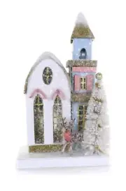 Cody Foster 10" White Blue Pink Petite Church Christmas Village House with Deer