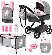 Bayer Design 17033AB Dolls pram Xeo, shoulderbag, Carrier, Sleeping Bag, Bed, Accessories, Jeans-Grey, Pink