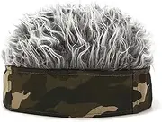 Pomya Men Artificial Wig Hat with Camouflage Headband, Grey Color, Size Adjust, Funny Short Hair Wig for Parties, Vacations, Running, Fishing, Hiking