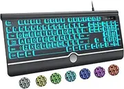 Computer Wired Keyboard, Large Print Backlit Keyboard with Wrist Rest, 7-Colors Backlit, Plug and Play, Foldable Stands, Spill-Resistant, Corded Full Size Keyboard for Windows, PC, Laptop (Large)