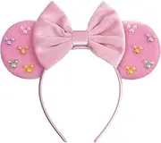[bianbaistar] Pink Velvet Mouse Ears Headband, Matte Bow & Colorful Pearlescent Accents for Theme Parks & Gift Sets