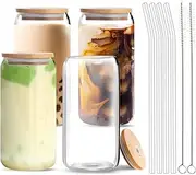 4 Pack Drinking Glasses with Glass Straw, 16oz Can Shaped Glass Cups, Beer Glasses, Iced Coffee Glasses, Cute Tumbler Cup, Ideal for Whiskey, Soda, Tea, Water, Gift, 2 Cleaning Brushes