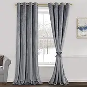 ROSETTE Grey Velvet Curtains for Living Room - Thermal Insualted Room Darkening Grommet Window Drapes for Bedroom, Set of 2 Window Curtain Panels with Tiebacks, 52 x 96 inches
