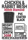 1200mm x 30m Roll Chicken Mesh Heavy Duty Black Gal wire PVC Coated 40mm hex