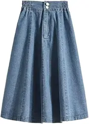 [OFFSUM] Women's Stretch Denim Skirt - Spring Summer Loose Medium-Length Denim Skirt High-Waisted A- Line Korean Style Plus Size Solid Color Streetwear
