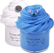 2 Pack Butter Slime Kit, Blue Stitch White Oreo Charm with Glitters and Foam Beads, Scented Thick Slime Soft Cotton Candy Putty DIY Sludge Toys for Girls Boys, Premade Slime Kids Party Favors