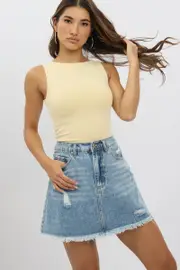 Denim Mini Skirt High Waisted Frayed Hem Distressed - Size 14L, Women's Mini Skirt